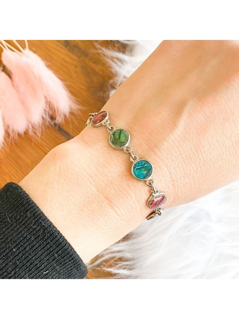 Silver and colored shell disk bracelet